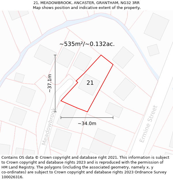 21, MEADOWBROOK, ANCASTER, GRANTHAM, NG32 3RR: Plot and title map