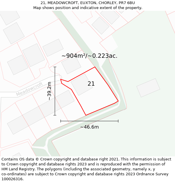 21, MEADOWCROFT, EUXTON, CHORLEY, PR7 6BU: Plot and title map