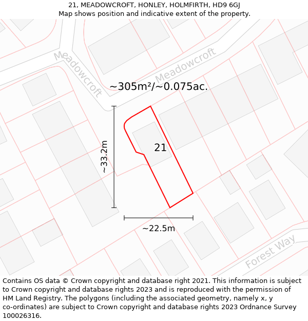 21, MEADOWCROFT, HONLEY, HOLMFIRTH, HD9 6GJ: Plot and title map