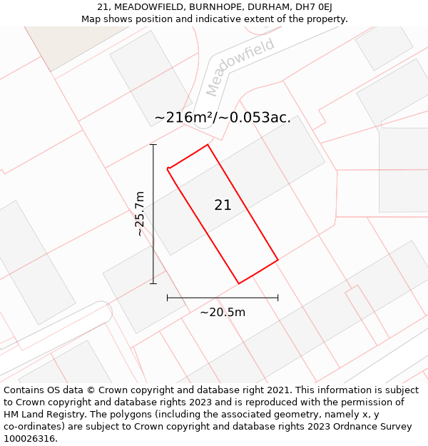 21, MEADOWFIELD, BURNHOPE, DURHAM, DH7 0EJ: Plot and title map