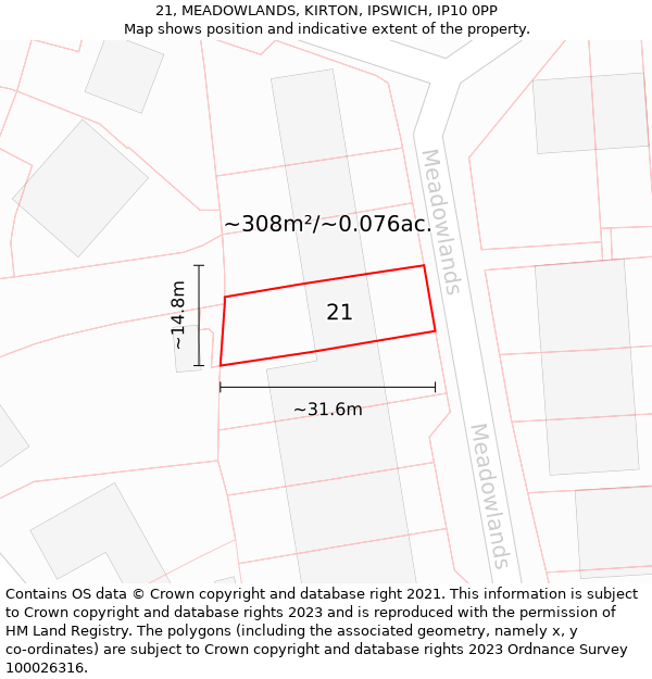 21, MEADOWLANDS, KIRTON, IPSWICH, IP10 0PP: Plot and title map