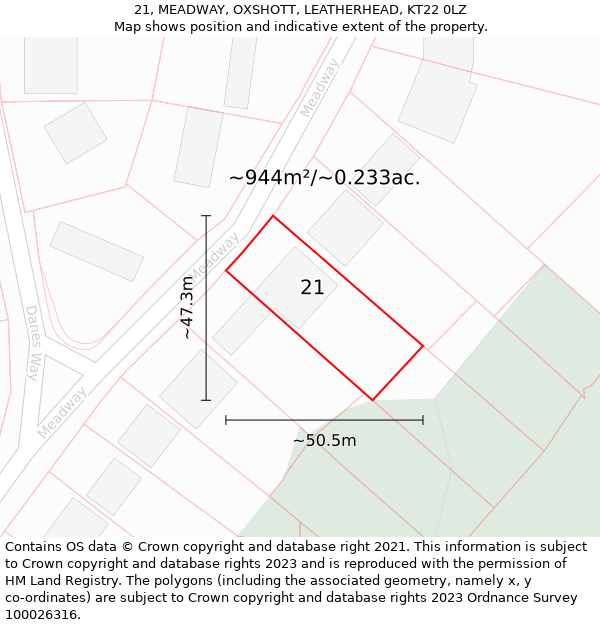 21, MEADWAY, OXSHOTT, LEATHERHEAD, KT22 0LZ: Plot and title map