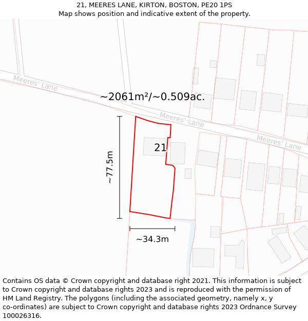 21, MEERES LANE, KIRTON, BOSTON, PE20 1PS: Plot and title map