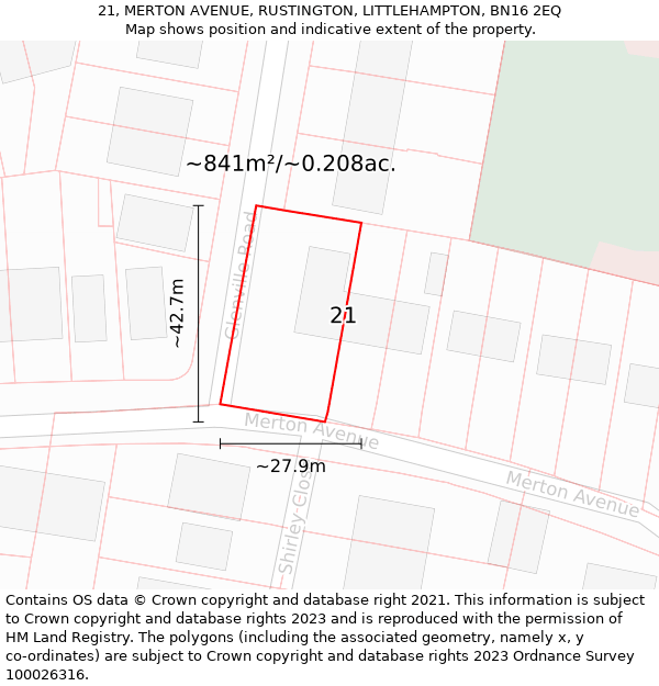 21, MERTON AVENUE, RUSTINGTON, LITTLEHAMPTON, BN16 2EQ: Plot and title map