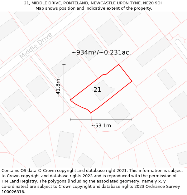 21, MIDDLE DRIVE, PONTELAND, NEWCASTLE UPON TYNE, NE20 9DH: Plot and title map