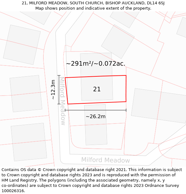 21, MILFORD MEADOW, SOUTH CHURCH, BISHOP AUCKLAND, DL14 6SJ: Plot and title map