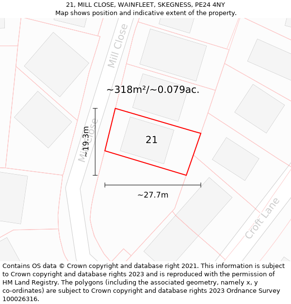 21, MILL CLOSE, WAINFLEET, SKEGNESS, PE24 4NY: Plot and title map