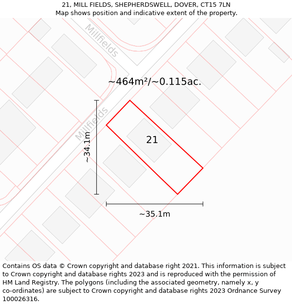 21, MILL FIELDS, SHEPHERDSWELL, DOVER, CT15 7LN: Plot and title map