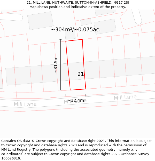 21, MILL LANE, HUTHWAITE, SUTTON-IN-ASHFIELD, NG17 2SJ: Plot and title map