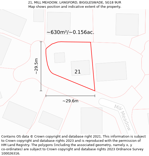 21, MILL MEADOW, LANGFORD, BIGGLESWADE, SG18 9UR: Plot and title map