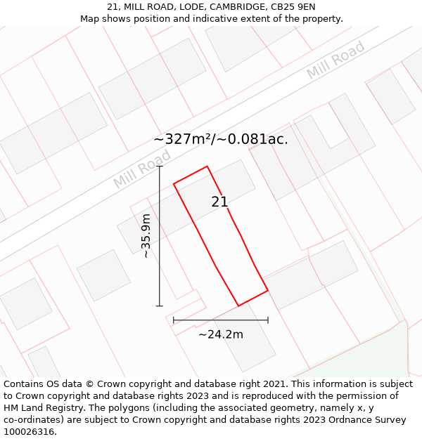 21, MILL ROAD, LODE, CAMBRIDGE, CB25 9EN: Plot and title map