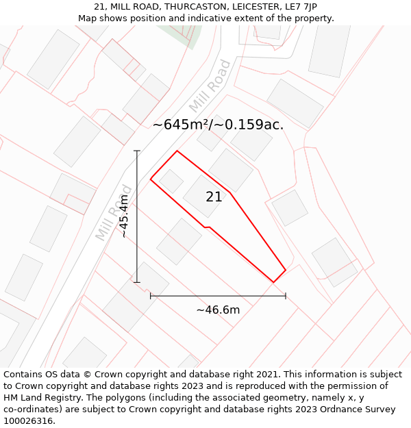 21, MILL ROAD, THURCASTON, LEICESTER, LE7 7JP: Plot and title map