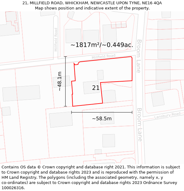 21, MILLFIELD ROAD, WHICKHAM, NEWCASTLE UPON TYNE, NE16 4QA: Plot and title map