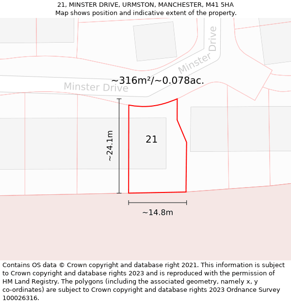 21, MINSTER DRIVE, URMSTON, MANCHESTER, M41 5HA: Plot and title map