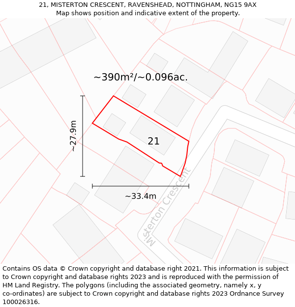 21, MISTERTON CRESCENT, RAVENSHEAD, NOTTINGHAM, NG15 9AX: Plot and title map