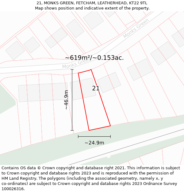 21, MONKS GREEN, FETCHAM, LEATHERHEAD, KT22 9TL: Plot and title map