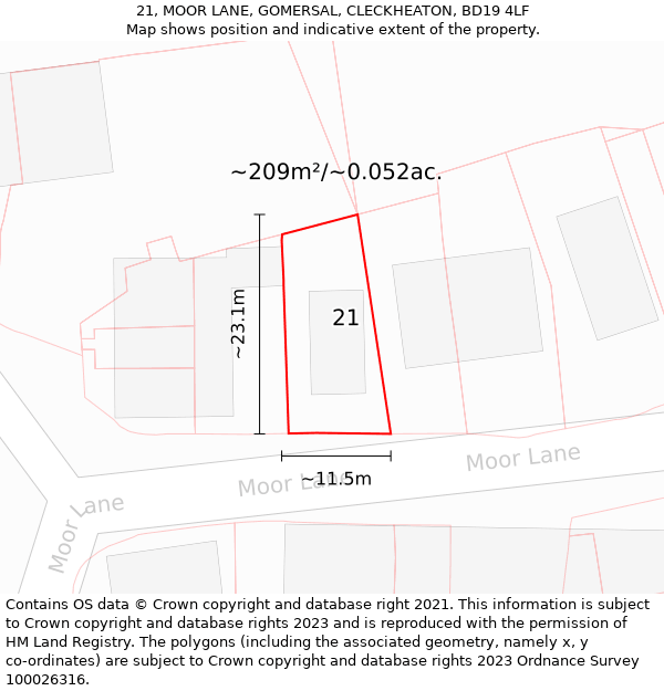 21, MOOR LANE, GOMERSAL, CLECKHEATON, BD19 4LF: Plot and title map