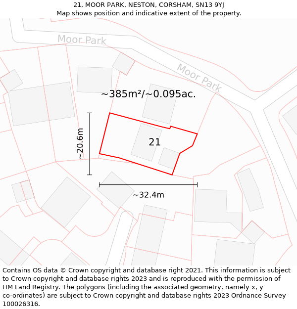 21, MOOR PARK, NESTON, CORSHAM, SN13 9YJ: Plot and title map