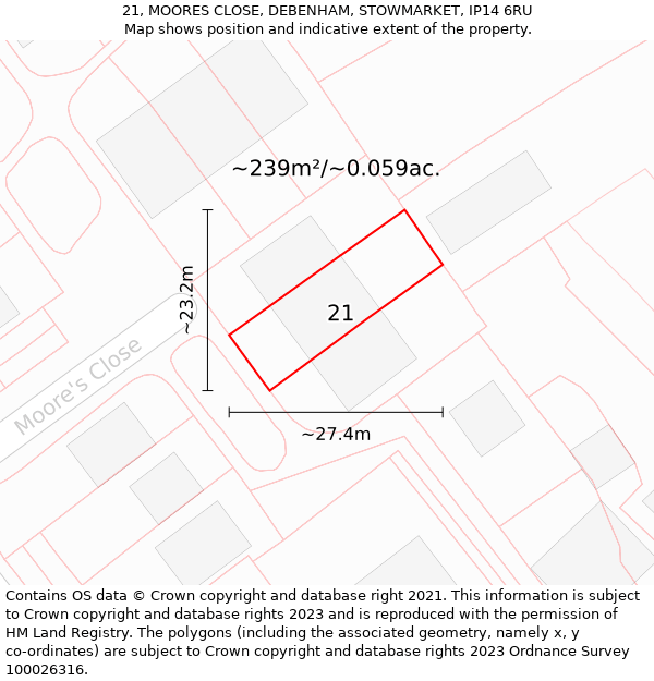 21, MOORES CLOSE, DEBENHAM, STOWMARKET, IP14 6RU: Plot and title map