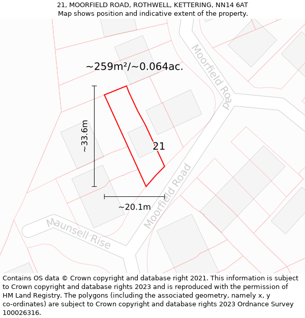 21, MOORFIELD ROAD, ROTHWELL, KETTERING, NN14 6AT: Plot and title map