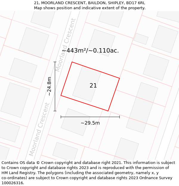 21, MOORLAND CRESCENT, BAILDON, SHIPLEY, BD17 6RL: Plot and title map