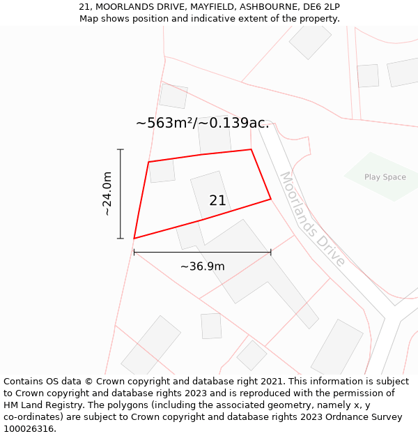 21, MOORLANDS DRIVE, MAYFIELD, ASHBOURNE, DE6 2LP: Plot and title map