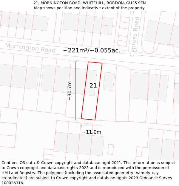 21, MORNINGTON ROAD, WHITEHILL, BORDON, GU35 9EN: Plot and title map