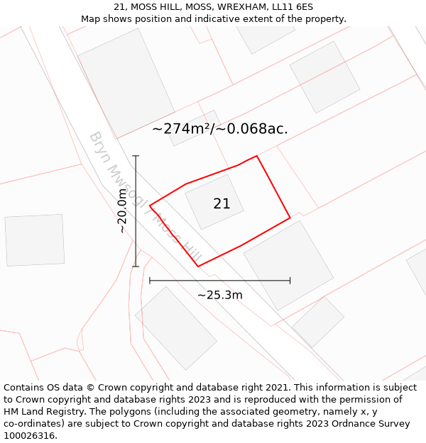 21, MOSS HILL, MOSS, WREXHAM, LL11 6ES: Plot and title map