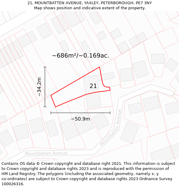 21, MOUNTBATTEN AVENUE, YAXLEY, PETERBOROUGH, PE7 3NY: Plot and title map