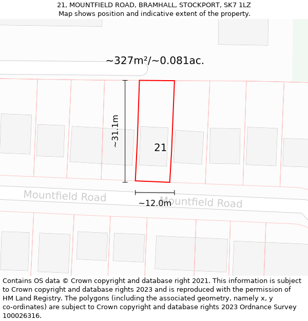 21, MOUNTFIELD ROAD, BRAMHALL, STOCKPORT, SK7 1LZ: Plot and title map