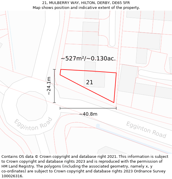 21, MULBERRY WAY, HILTON, DERBY, DE65 5FR: Plot and title map