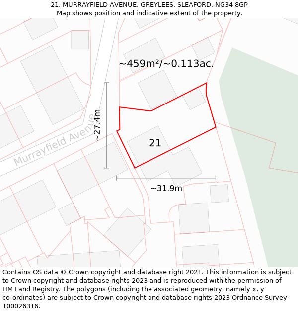 21, MURRAYFIELD AVENUE, GREYLEES, SLEAFORD, NG34 8GP: Plot and title map