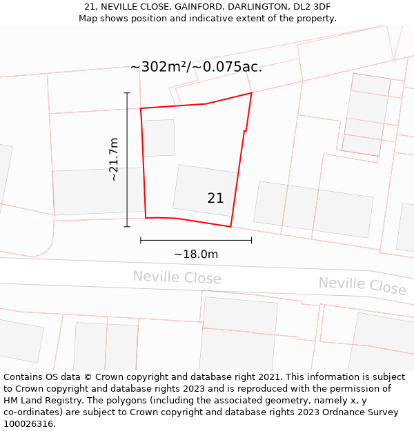 21, NEVILLE CLOSE, GAINFORD, DARLINGTON, DL2 3DF: Plot and title map