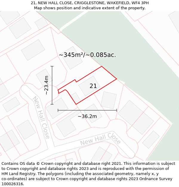 21, NEW HALL CLOSE, CRIGGLESTONE, WAKEFIELD, WF4 3PH: Plot and title map