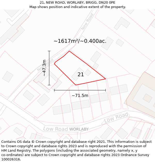 21, NEW ROAD, WORLABY, BRIGG, DN20 0PE: Plot and title map