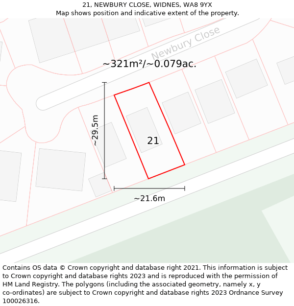 21, NEWBURY CLOSE, WIDNES, WA8 9YX: Plot and title map