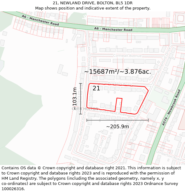 21, NEWLAND DRIVE, BOLTON, BL5 1DR: Plot and title map
