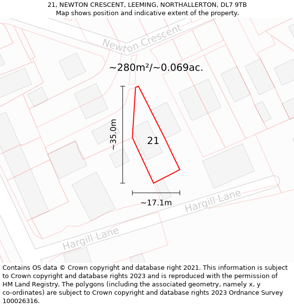 21, NEWTON CRESCENT, LEEMING, NORTHALLERTON, DL7 9TB: Plot and title map