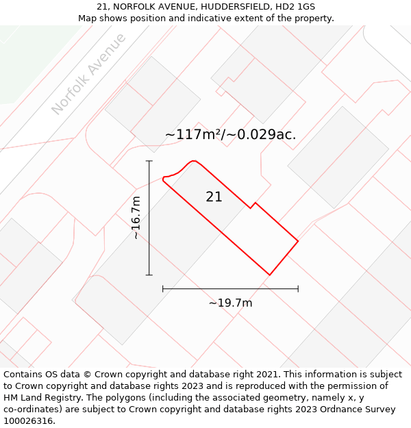 21, NORFOLK AVENUE, HUDDERSFIELD, HD2 1GS: Plot and title map