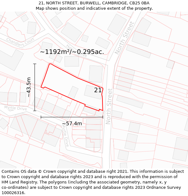 21, NORTH STREET, BURWELL, CAMBRIDGE, CB25 0BA: Plot and title map