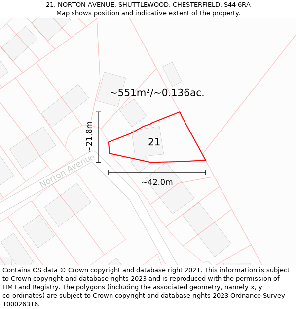 21, NORTON AVENUE, SHUTTLEWOOD, CHESTERFIELD, S44 6RA: Plot and title map