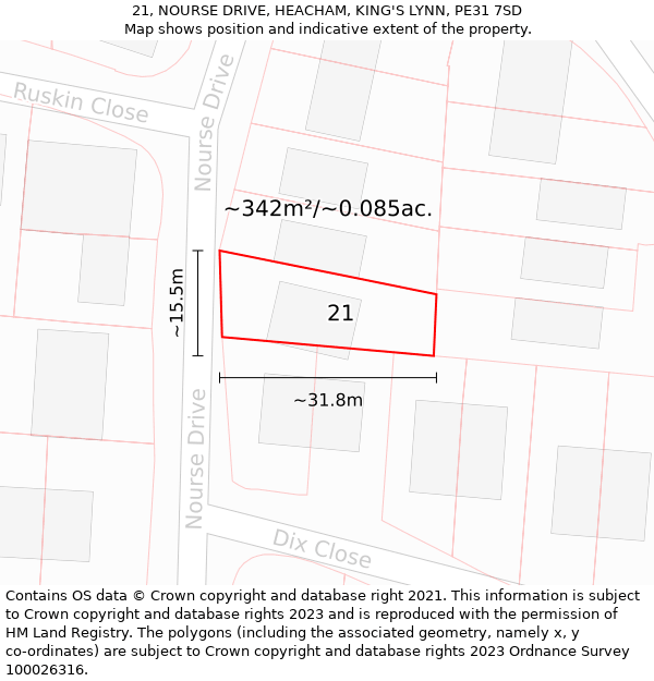 21, NOURSE DRIVE, HEACHAM, KING'S LYNN, PE31 7SD: Plot and title map