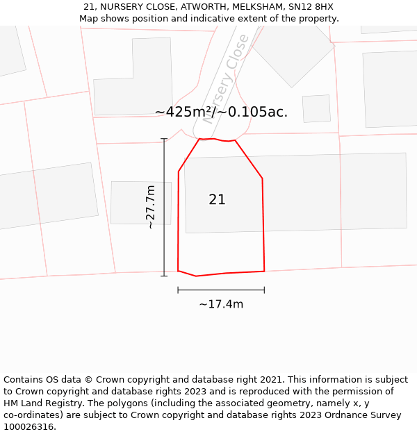 21, NURSERY CLOSE, ATWORTH, MELKSHAM, SN12 8HX: Plot and title map