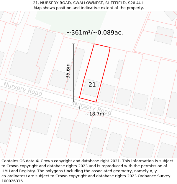 21, NURSERY ROAD, SWALLOWNEST, SHEFFIELD, S26 4UH: Plot and title map