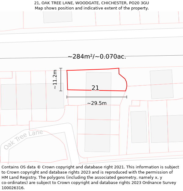21, OAK TREE LANE, WOODGATE, CHICHESTER, PO20 3GU: Plot and title map