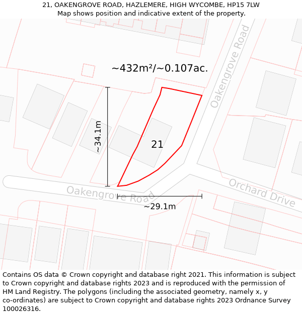 21, OAKENGROVE ROAD, HAZLEMERE, HIGH WYCOMBE, HP15 7LW: Plot and title map