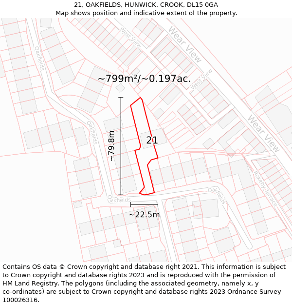 21, OAKFIELDS, HUNWICK, CROOK, DL15 0GA: Plot and title map