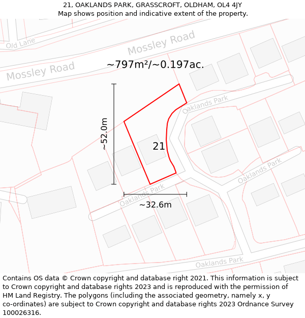 21, OAKLANDS PARK, GRASSCROFT, OLDHAM, OL4 4JY: Plot and title map