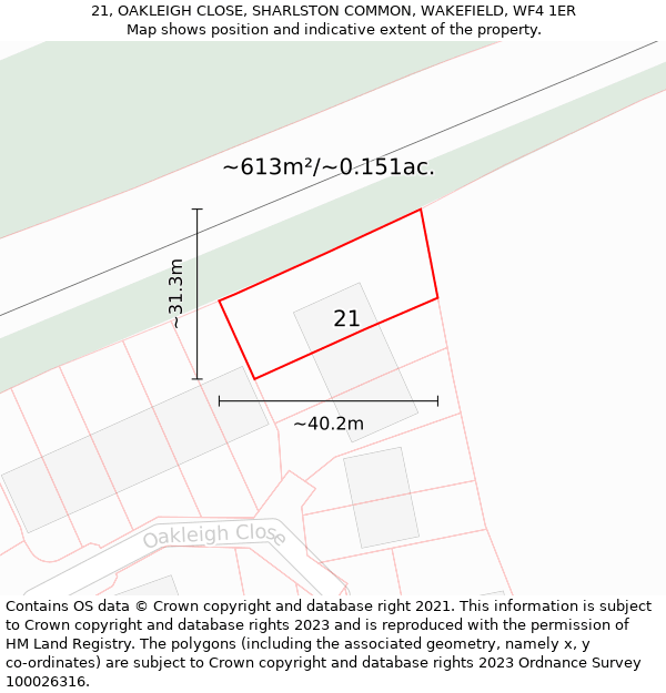 21, OAKLEIGH CLOSE, SHARLSTON COMMON, WAKEFIELD, WF4 1ER: Plot and title map