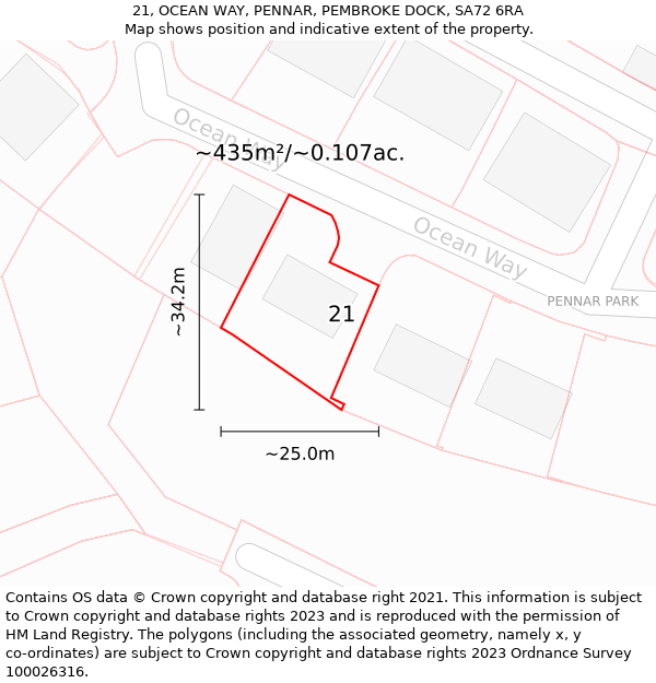 21, OCEAN WAY, PENNAR, PEMBROKE DOCK, SA72 6RA: Plot and title map